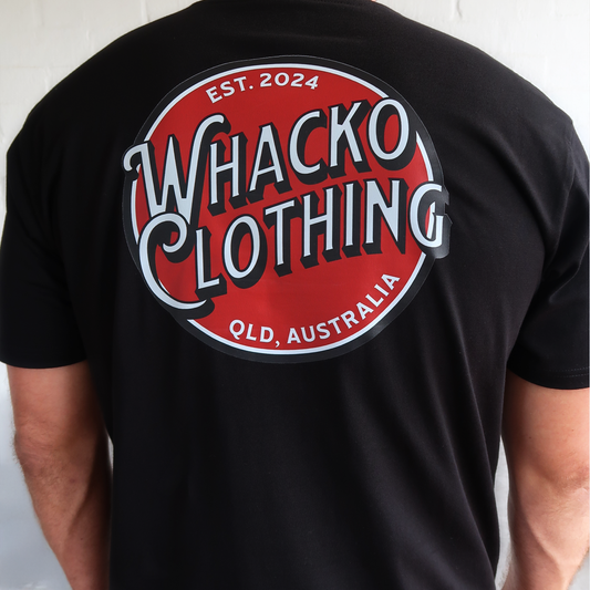 Black Whacko Badge tshirt, Model rear view, Whacko Clothing