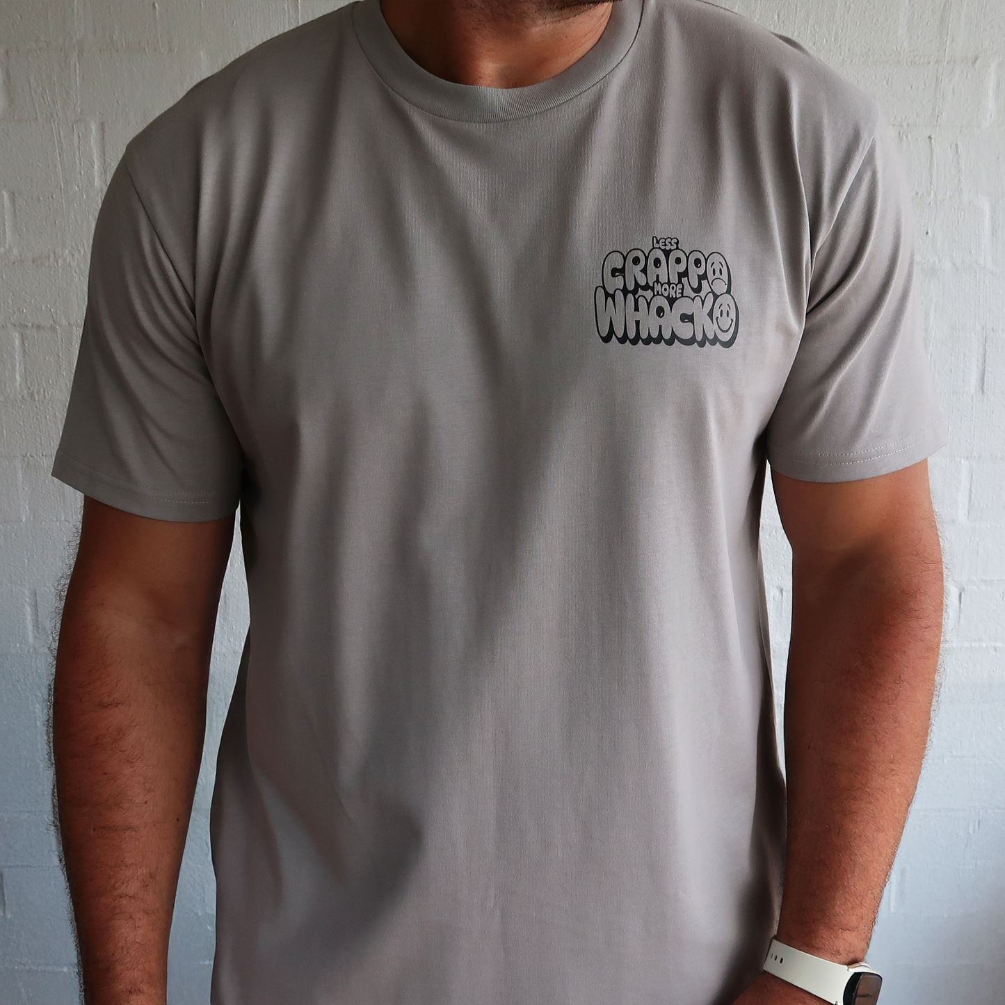 Less crappo, More Whacko male grey tshirt, Front view, Whacko Clothing
