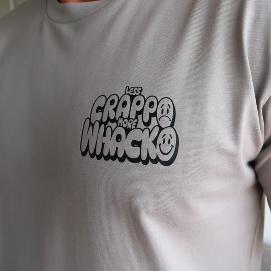 Less crappo, More Whacko male grey tshirt, close up detail, Whacko Clothing