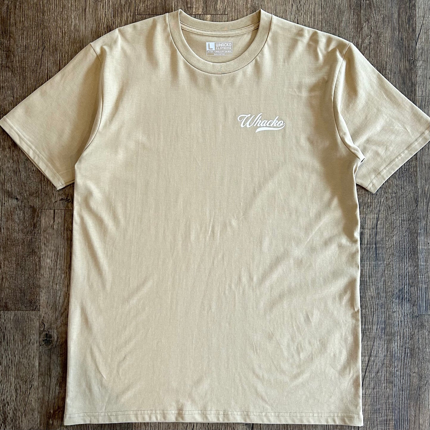 Tan Staple mens tshirt, flat lay, Whacko Clothing