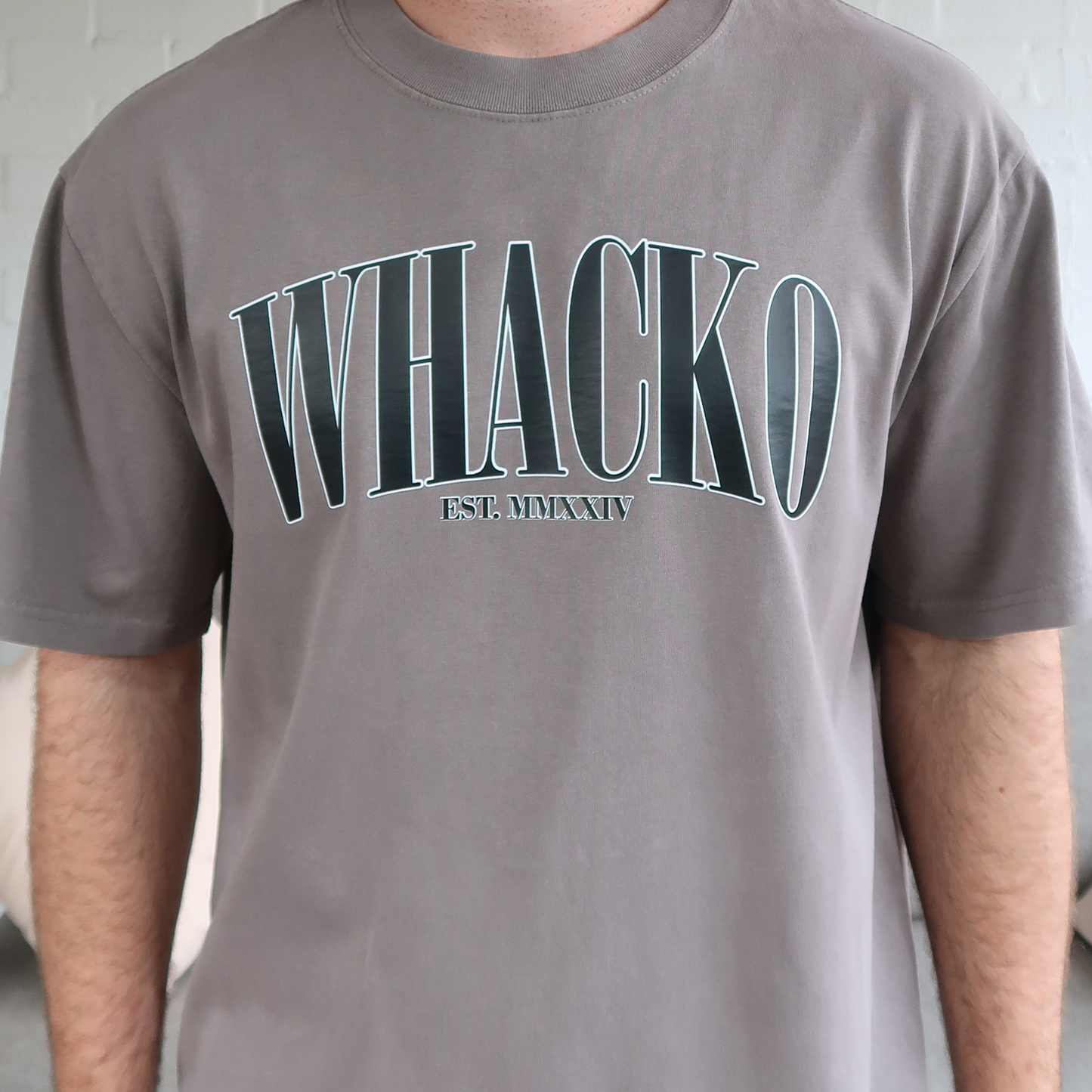 Grey oversized mens tshirt, front view, Whacko Clothing