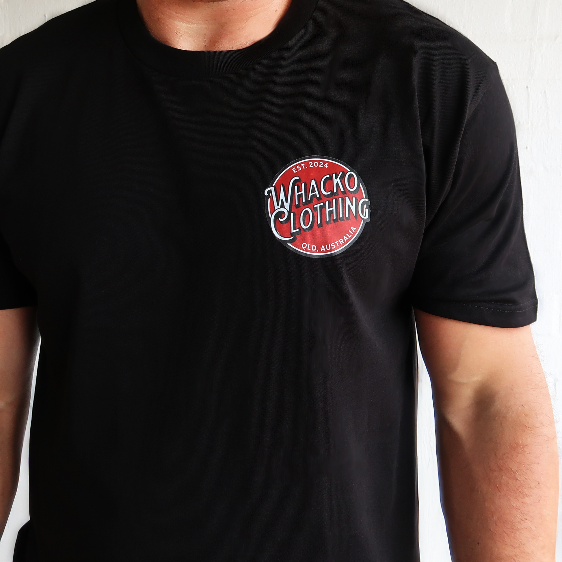 Black Whacko Badge tshirt, Model front view, Whacko Clothing