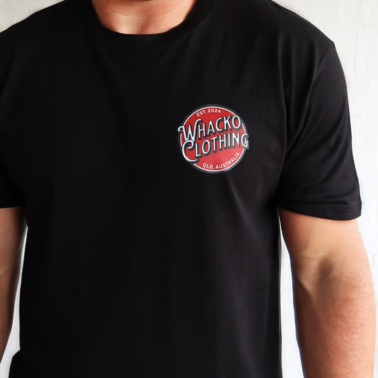 Black Whacko Badge tshirt, Model front view, Whacko Clothing