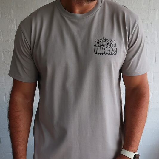 Less crappo, More Whacko male grey tshirt, Front view, Whacko Clothing