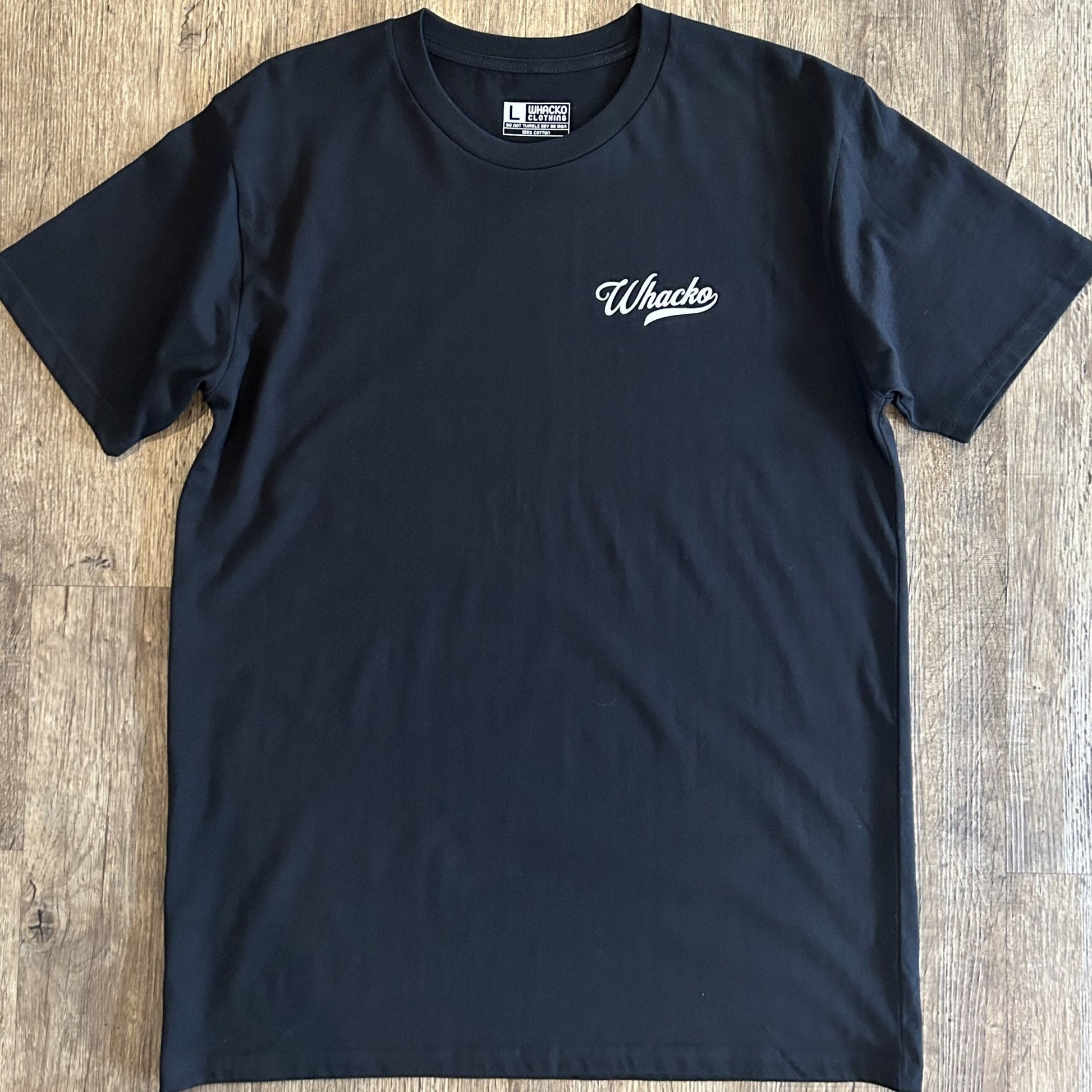 Black Staple mens tshirt, detail, Whacko Clothing