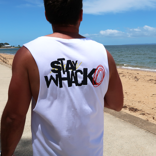 Stay Whacko White Tank Top, Whacko Clothing, Model Rear view